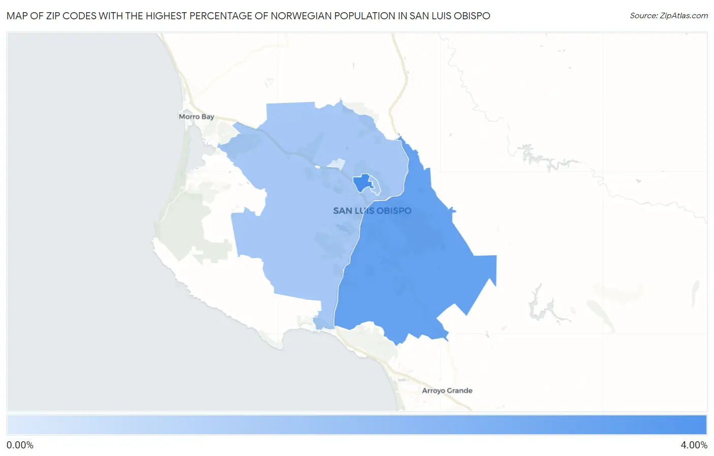 Zip Codes with the Highest Percentage of Norwegian Population in San Luis Obispo Map