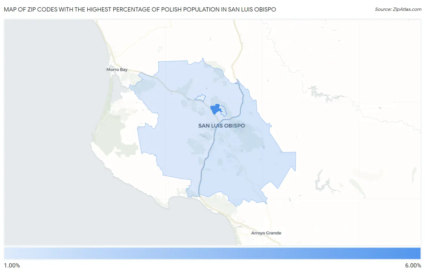 Zip Codes with the Highest Percentage of Polish Population in San Luis Obispo Map