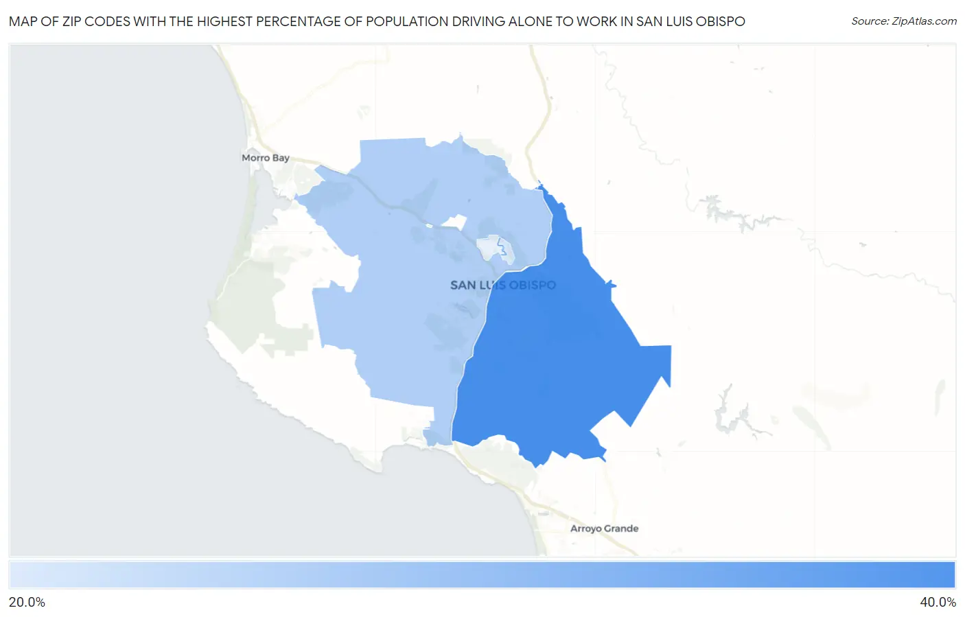 Zip Codes with the Highest Percentage of Population Driving Alone to Work in San Luis Obispo Map