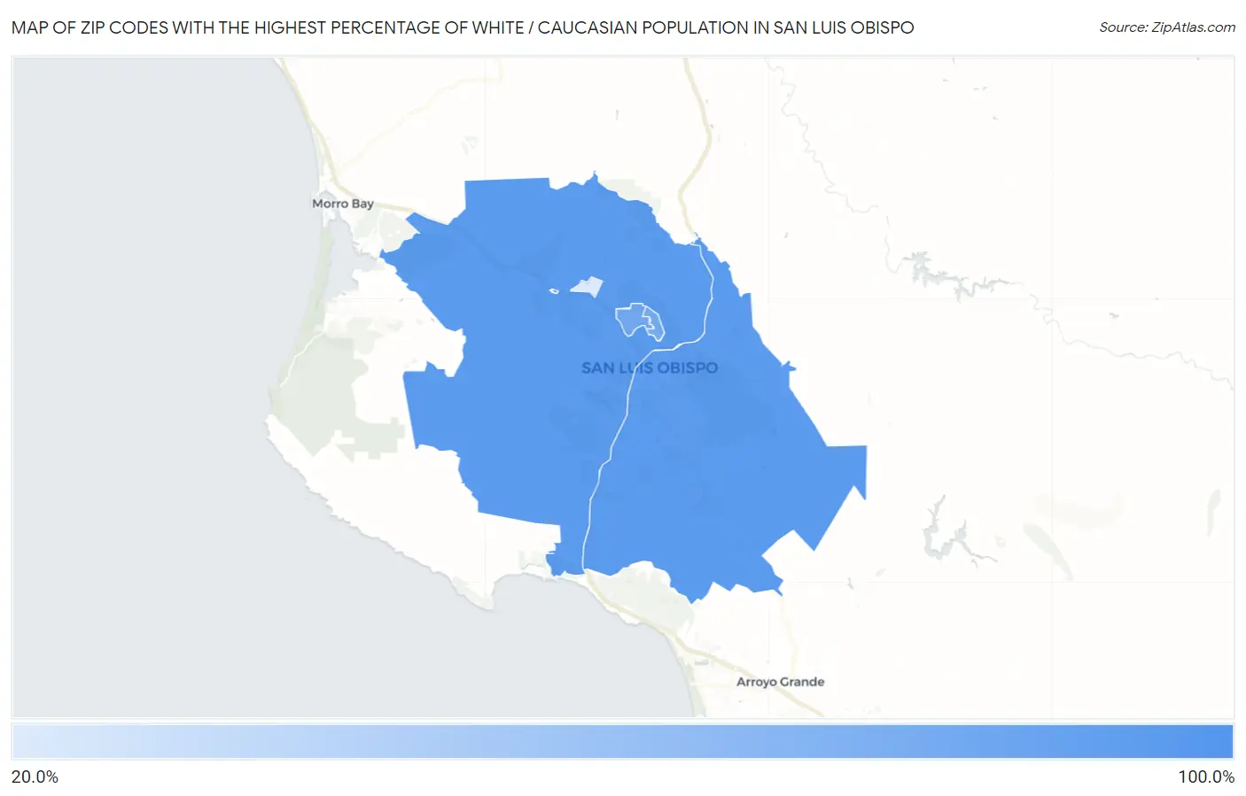 Zip Codes with the Highest Percentage of White / Caucasian Population in San Luis Obispo Map
