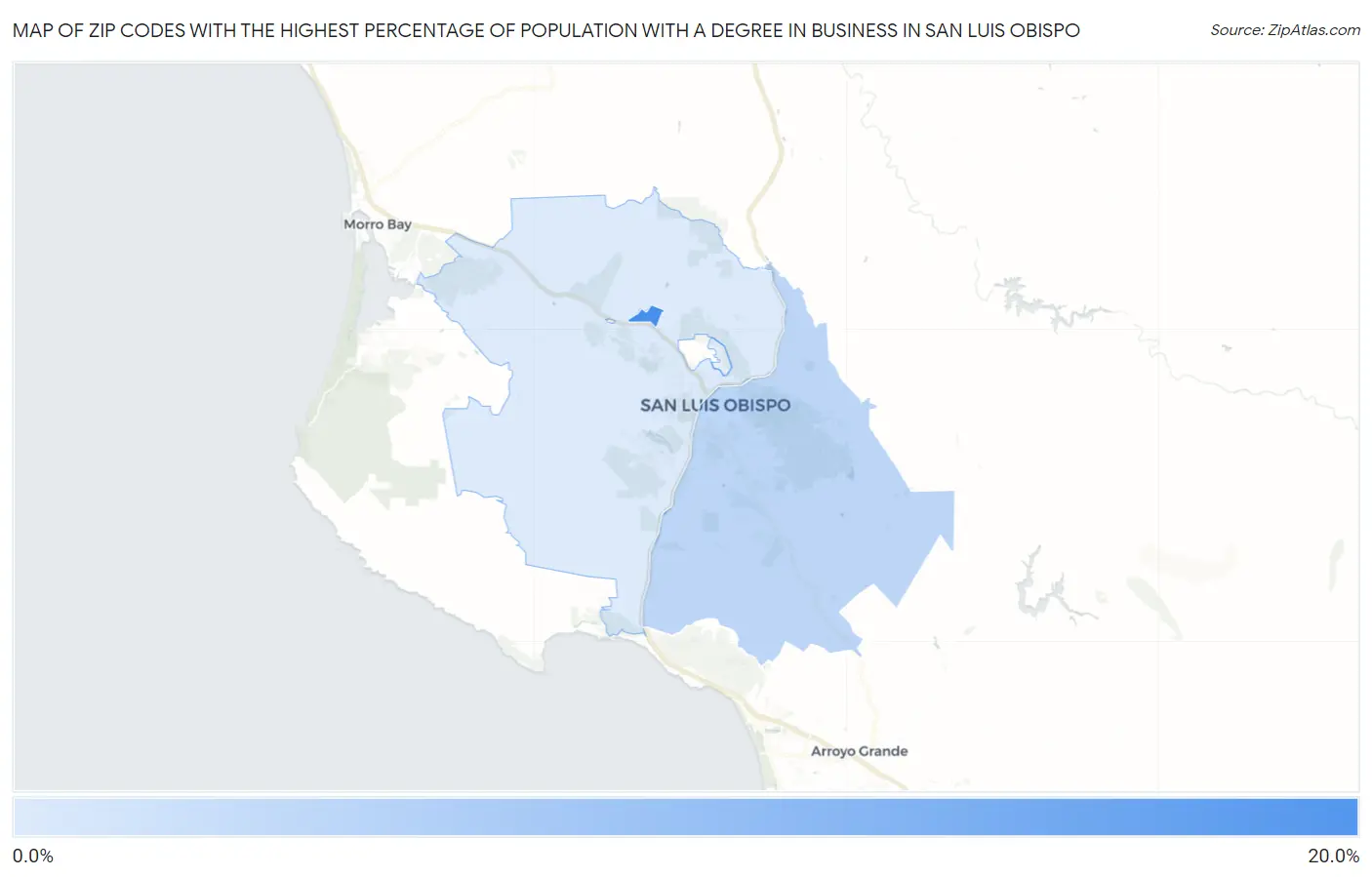Zip Codes with the Highest Percentage of Population with a Degree in Business in San Luis Obispo Map