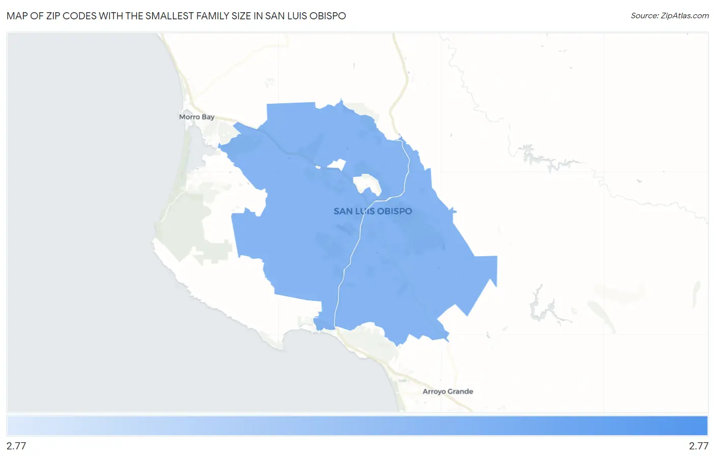Zip Codes with the Smallest Family Size in San Luis Obispo Map