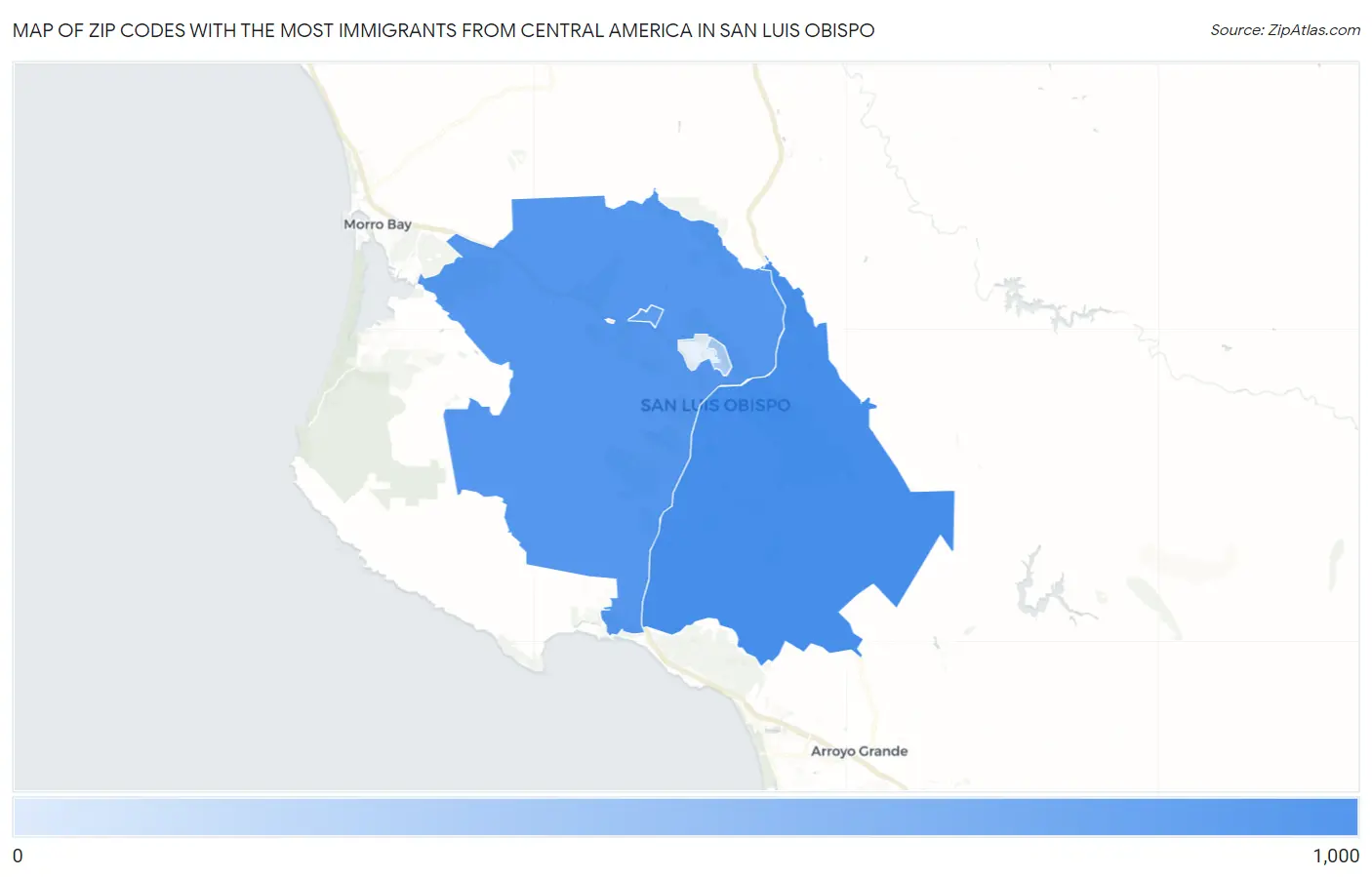 Zip Codes with the Most Immigrants from Central America in San Luis Obispo Map