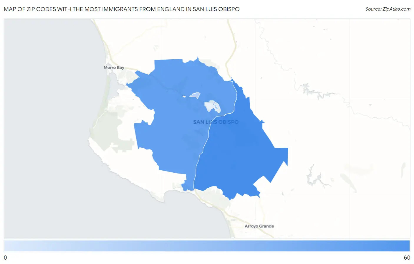 Zip Codes with the Most Immigrants from England in San Luis Obispo Map