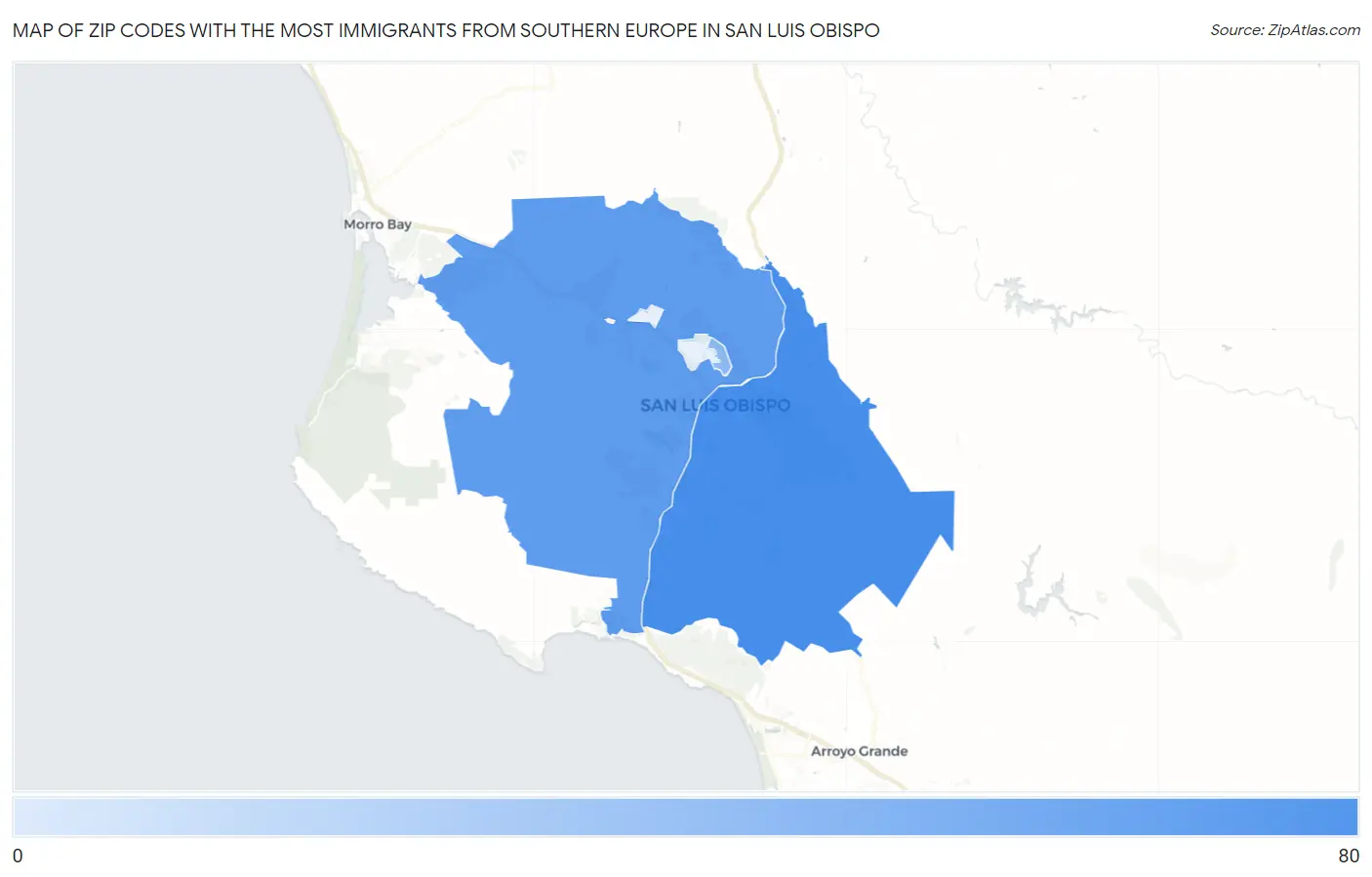 Zip Codes with the Most Immigrants from Southern Europe in San Luis Obispo Map