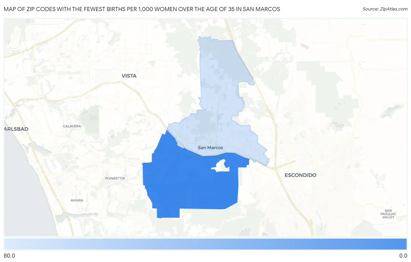 Zip Codes with the Fewest Births per 1,000 Women Over the Age of 35 in San Marcos Map