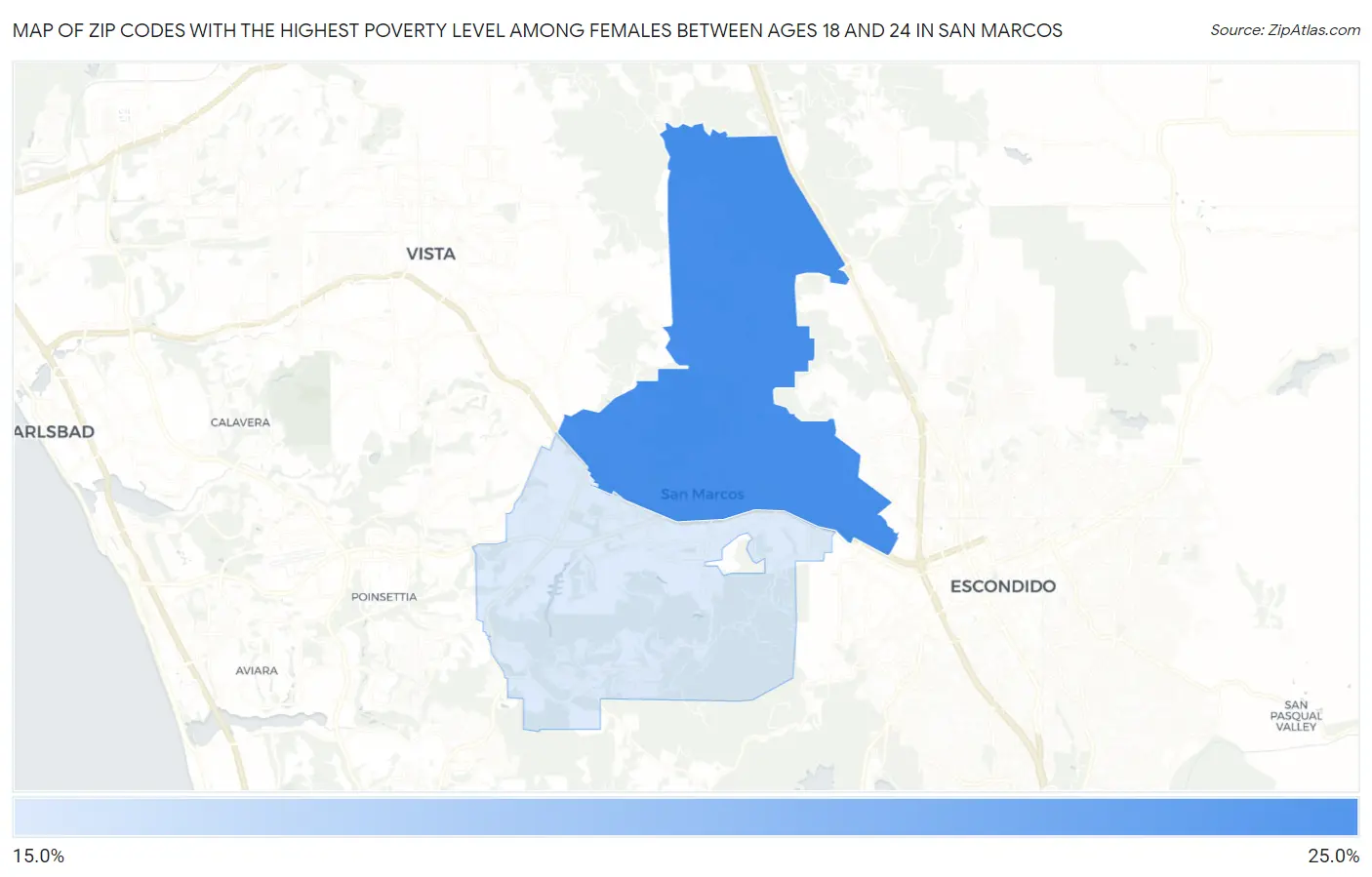Zip Codes with the Highest Poverty Level Among Females Between Ages 18 and 24 in San Marcos Map