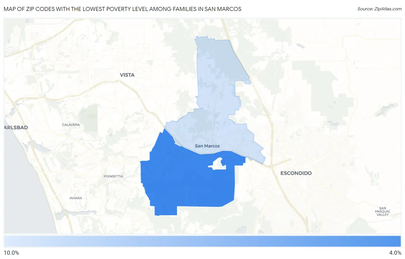 Zip Codes with the Lowest Poverty Level Among Families in San Marcos Map