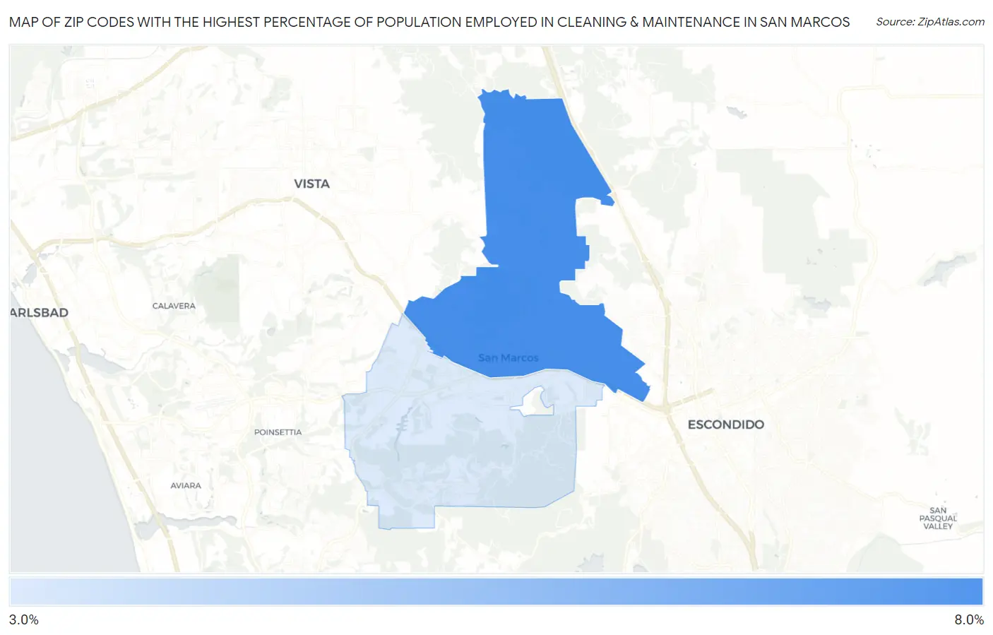 Zip Codes with the Highest Percentage of Population Employed in Cleaning & Maintenance in San Marcos Map