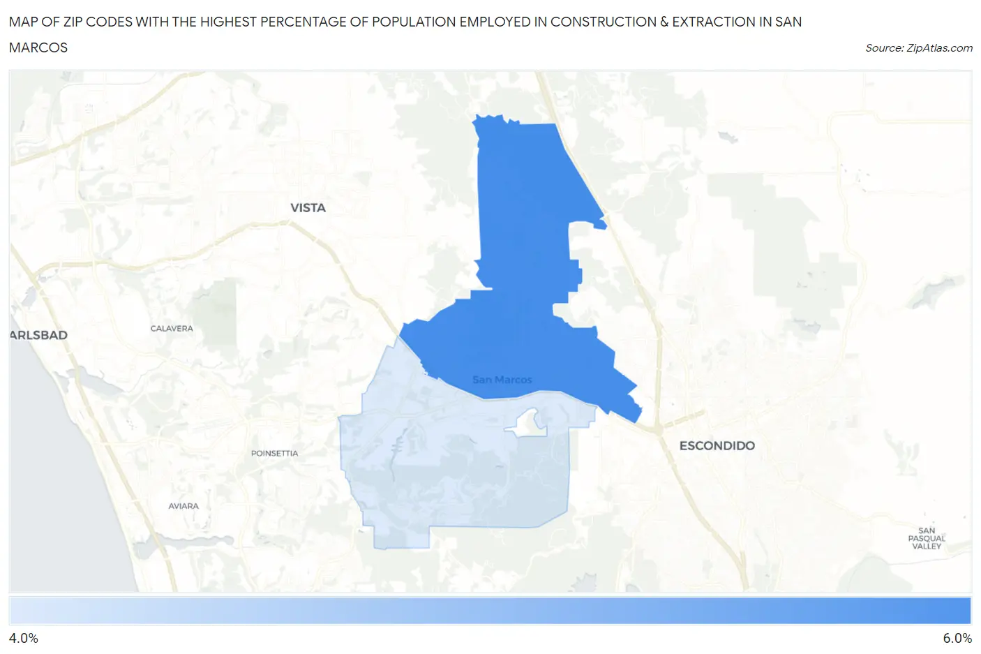 Zip Codes with the Highest Percentage of Population Employed in Construction & Extraction in San Marcos Map