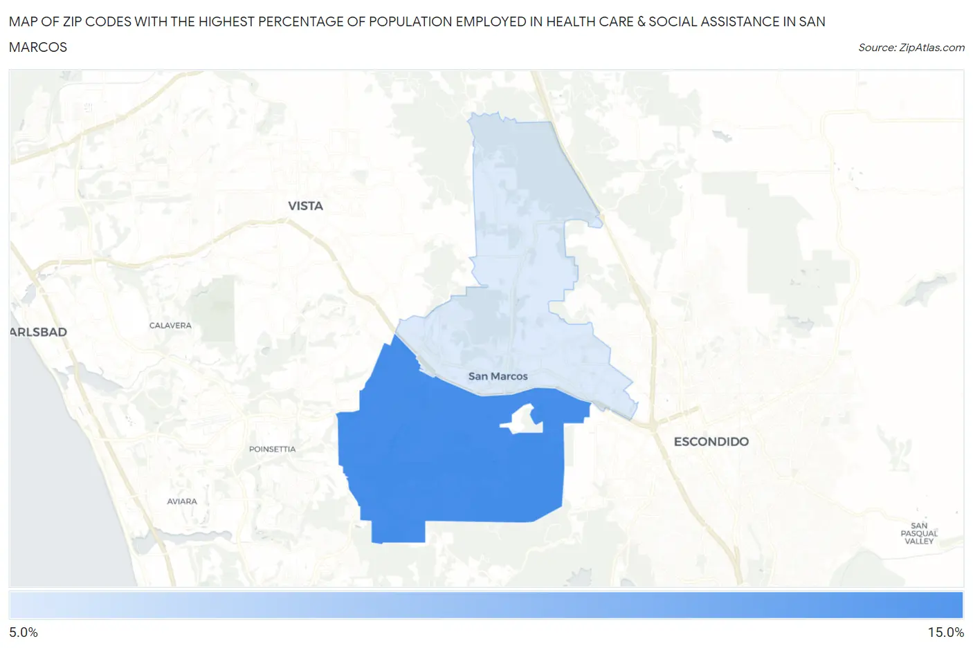 Zip Codes with the Highest Percentage of Population Employed in Health Care & Social Assistance in San Marcos Map