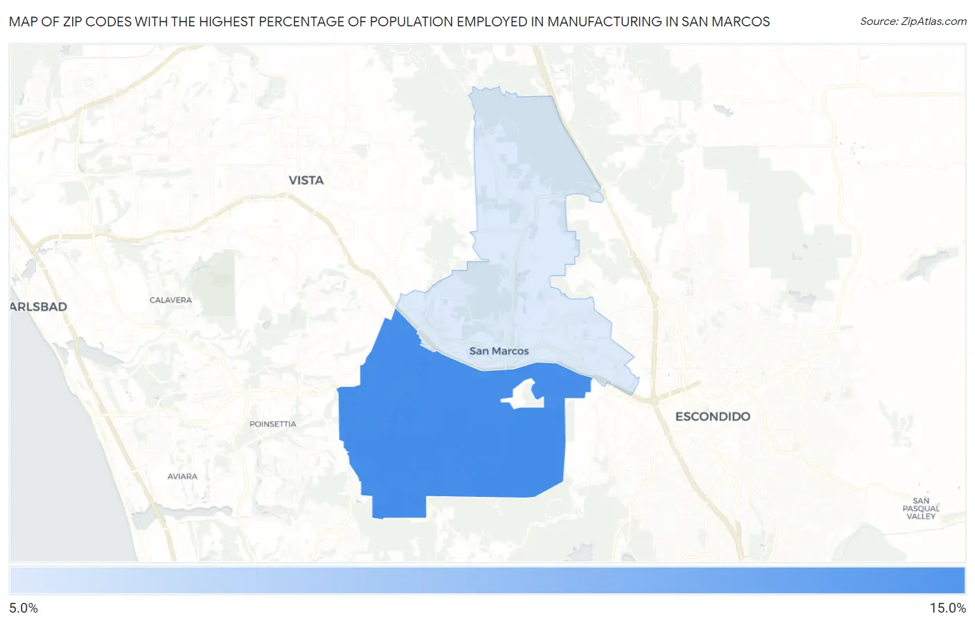Zip Codes with the Highest Percentage of Population Employed in Manufacturing in San Marcos Map