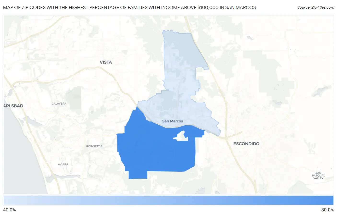 Zip Codes with the Highest Percentage of Families with Income Above $100,000 in San Marcos Map