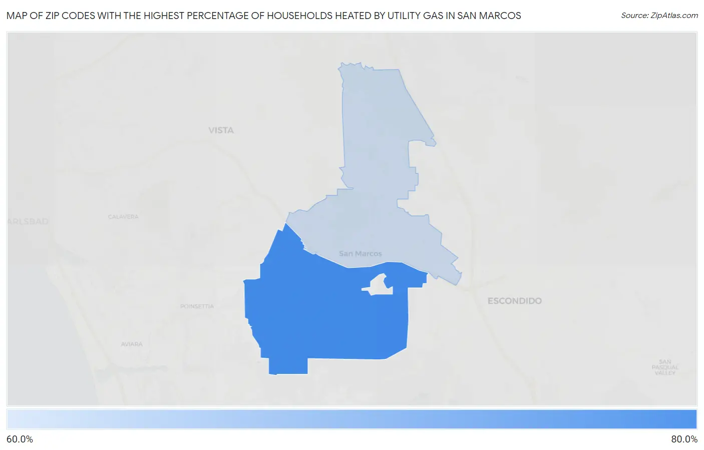 Zip Codes with the Highest Percentage of Households Heated by Utility Gas in San Marcos Map