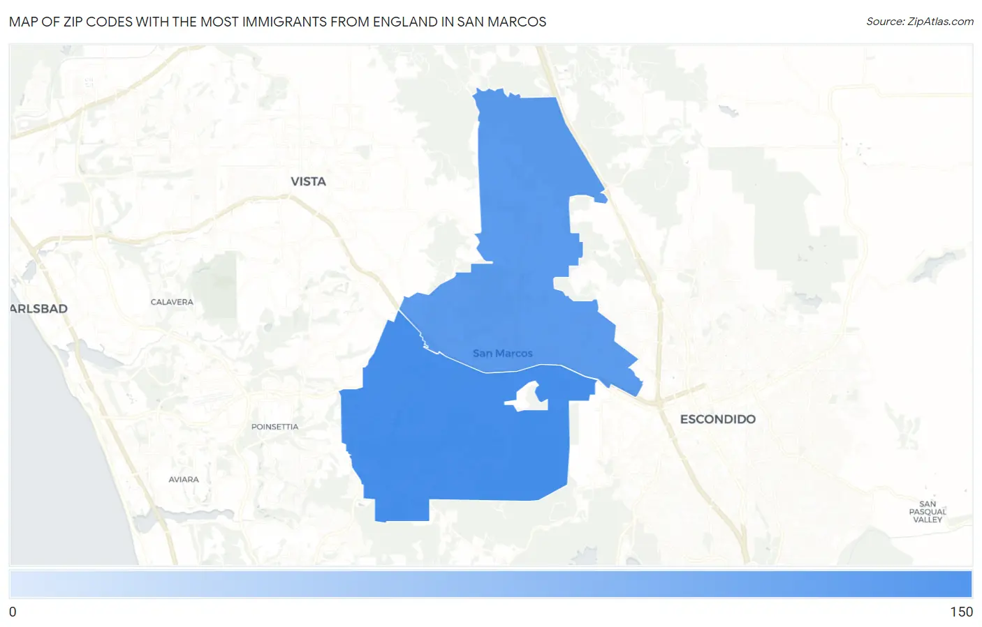 Zip Codes with the Most Immigrants from England in San Marcos Map