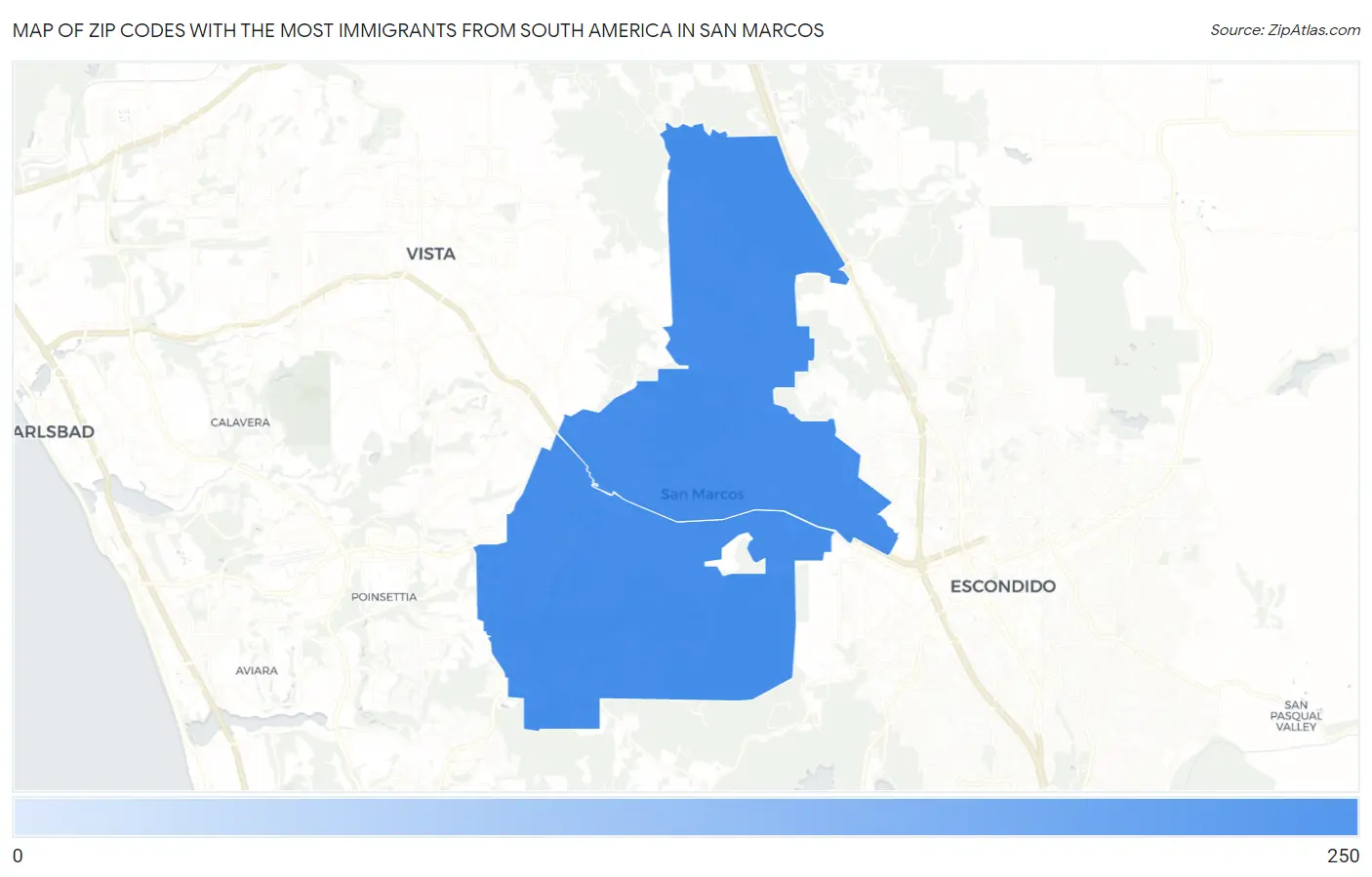 Zip Codes with the Most Immigrants from South America in San Marcos Map