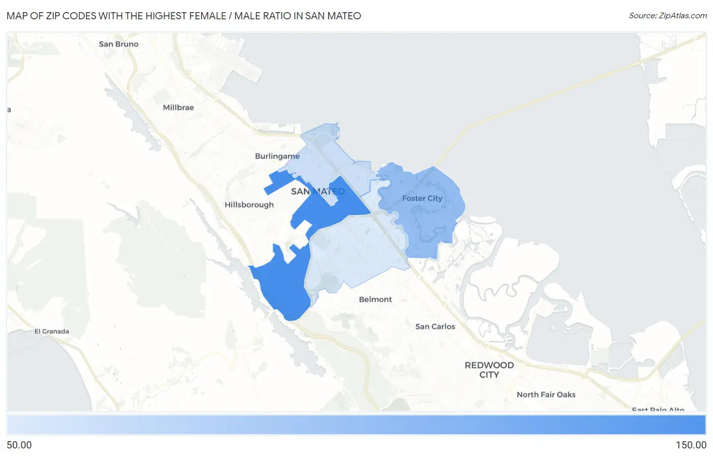 Zip Codes with the Highest Female / Male Ratio in San Mateo Map