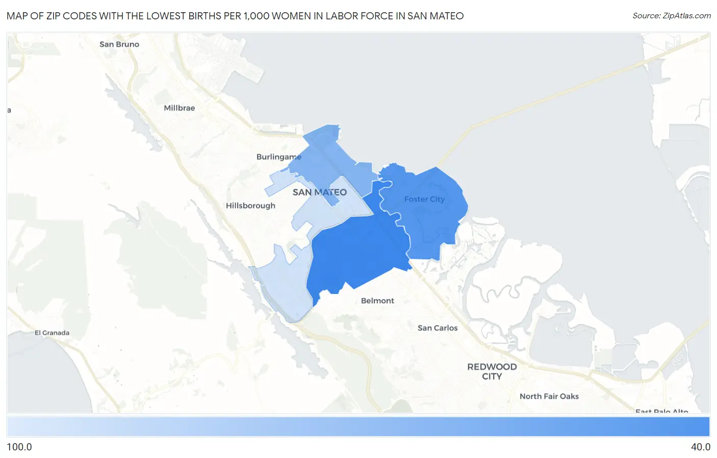 Zip Codes with the Lowest Births per 1,000 Women in Labor Force in San Mateo Map