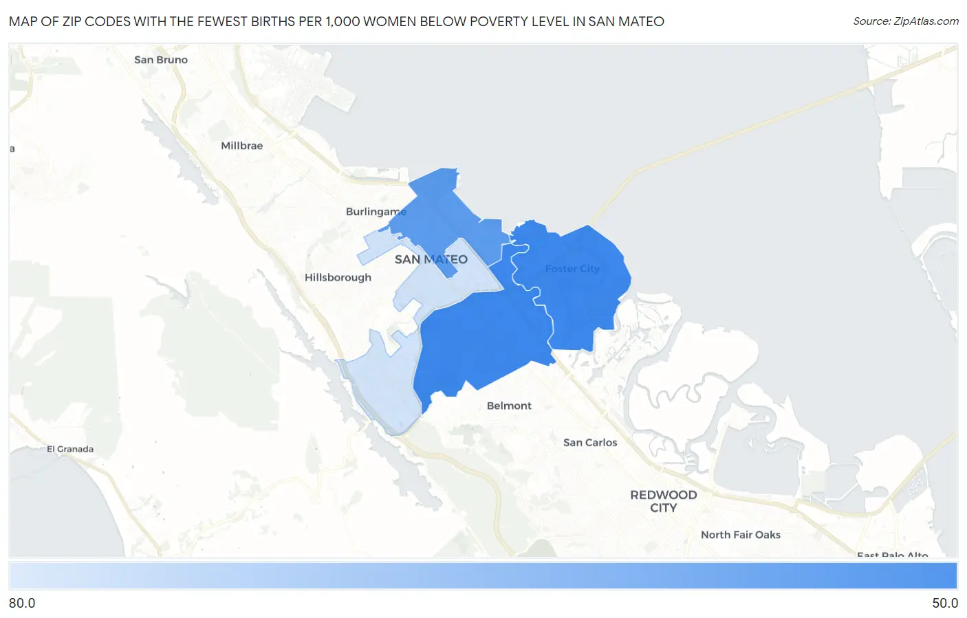 Zip Codes with the Fewest Births per 1,000 Women Below Poverty Level in San Mateo Map