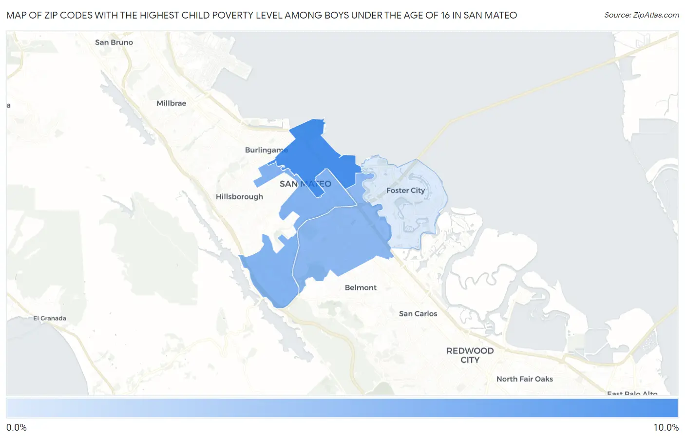 Zip Codes with the Highest Child Poverty Level Among Boys Under the Age of 16 in San Mateo Map