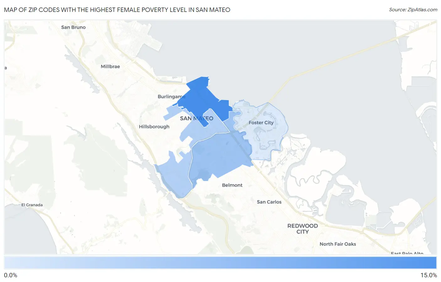 Zip Codes with the Highest Female Poverty Level in San Mateo Map