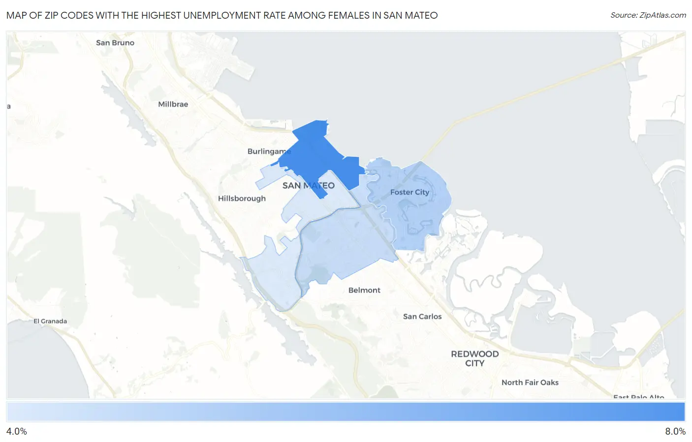 Zip Codes with the Highest Unemployment Rate Among Females in San Mateo Map