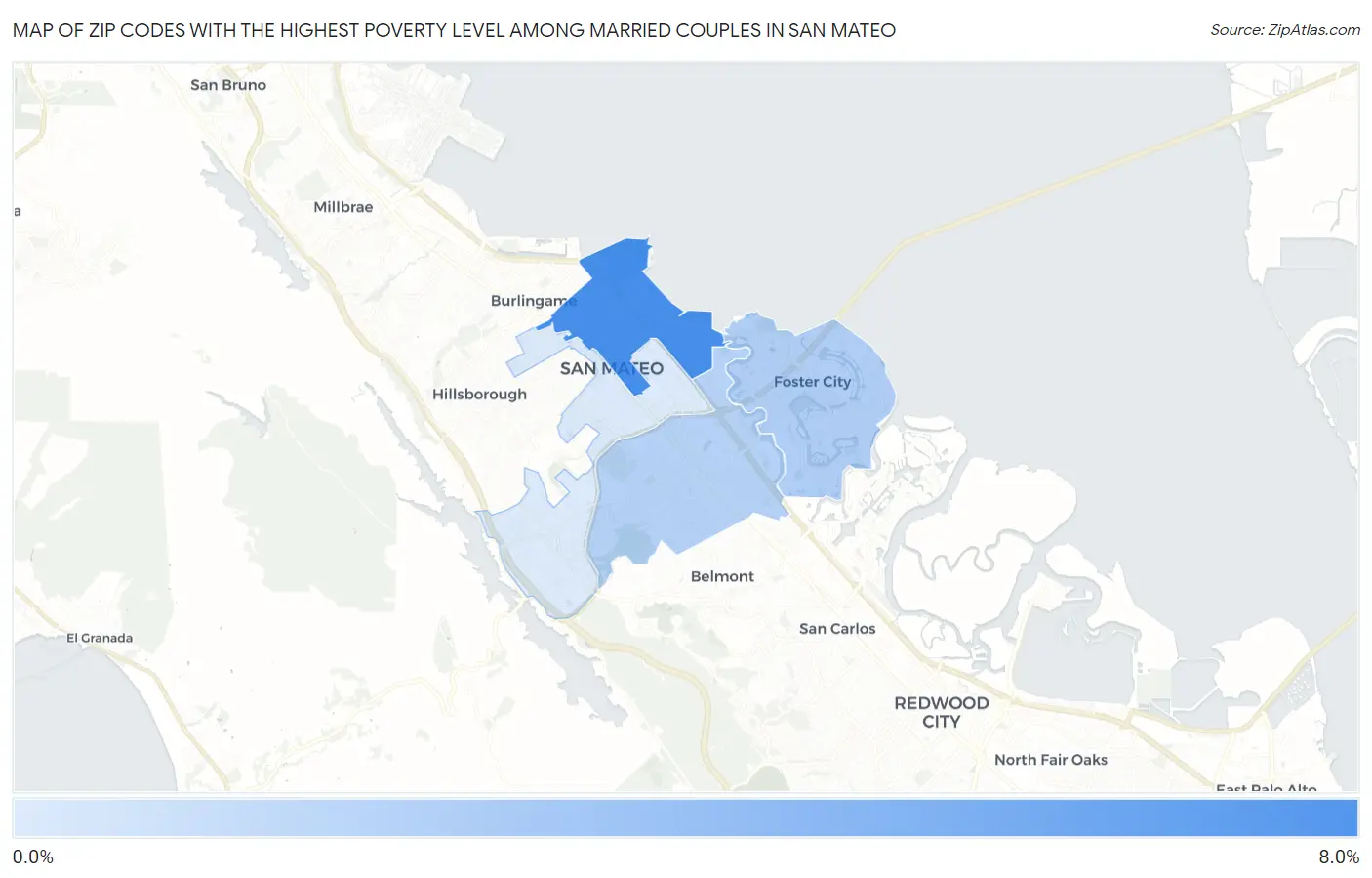 Zip Codes with the Highest Poverty Level Among Married Couples in San Mateo Map