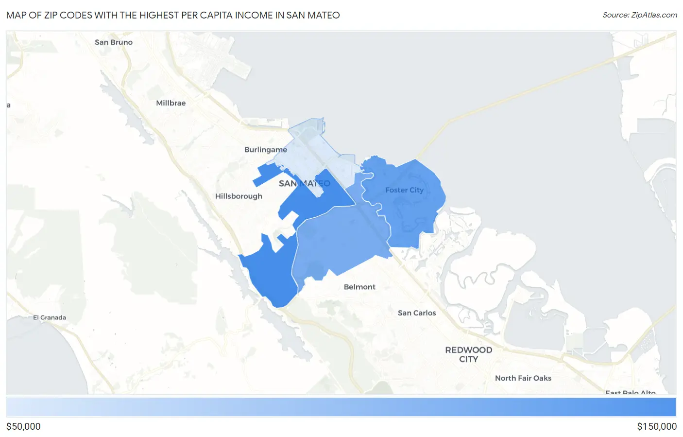 Zip Codes with the Highest Per Capita Income in San Mateo Map