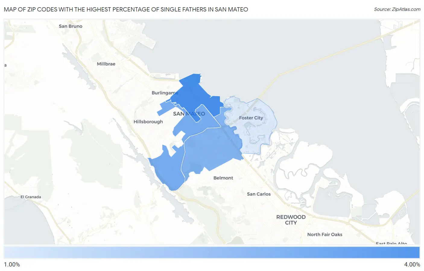 Zip Codes with the Highest Percentage of Single Fathers in San Mateo Map