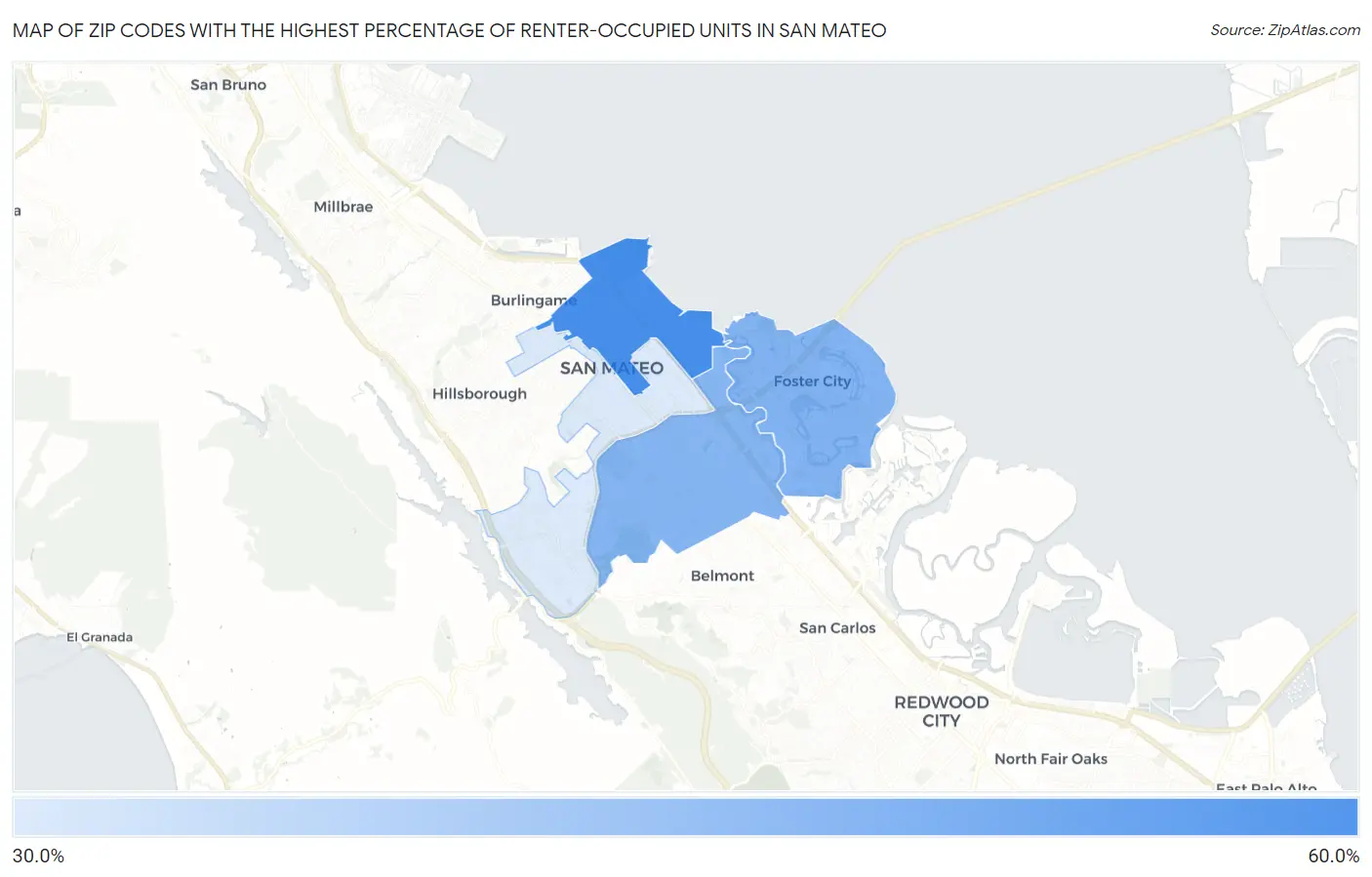 Zip Codes with the Highest Percentage of Renter-Occupied Units in San Mateo Map