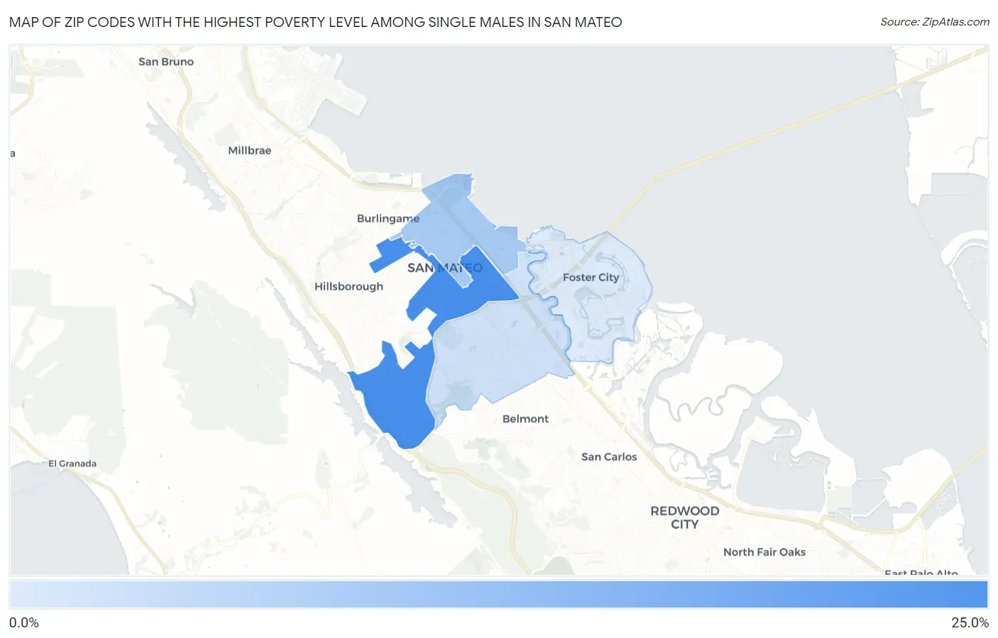 Zip Codes with the Highest Poverty Level Among Single Males in San Mateo Map