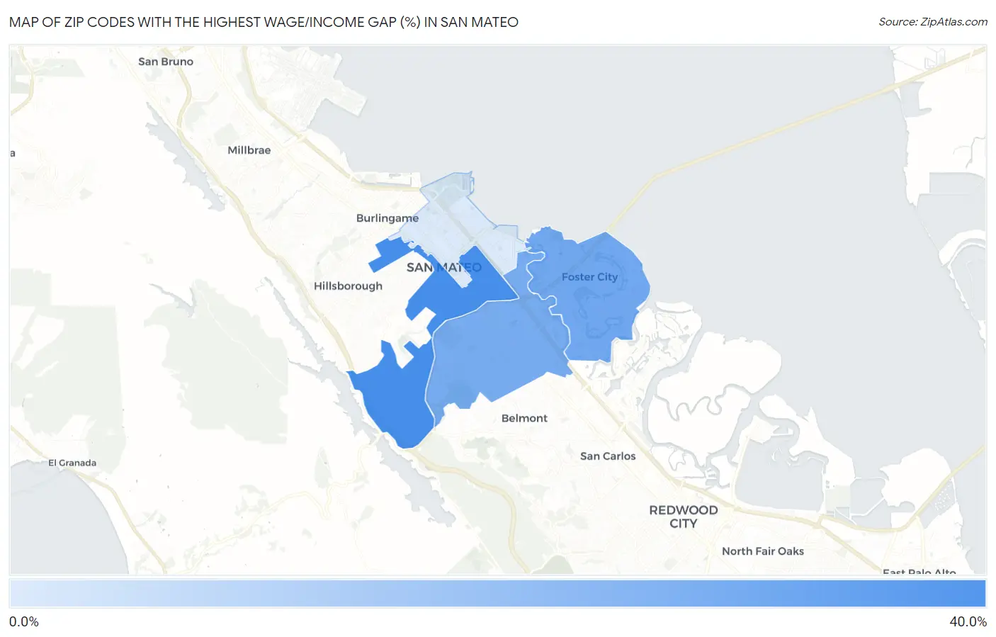 Zip Codes with the Highest Wage/Income Gap (%) in San Mateo Map