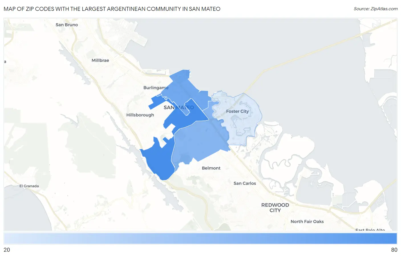 Zip Codes with the Largest Argentinean Community in San Mateo Map