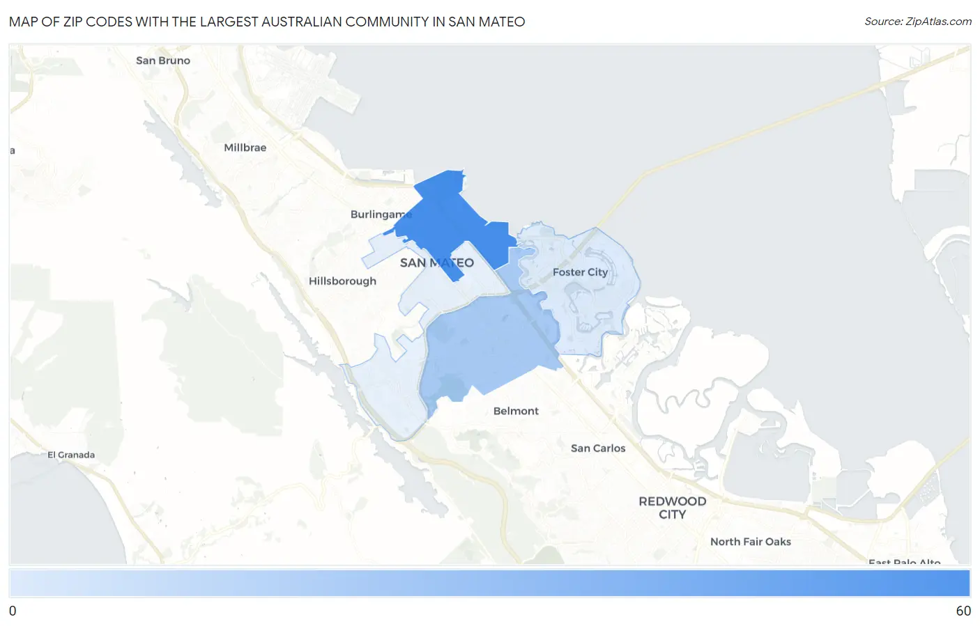 Zip Codes with the Largest Australian Community in San Mateo Map