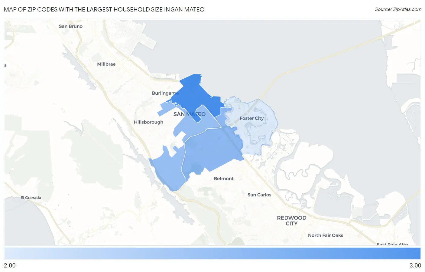 Zip Codes with the Largest Household Size in San Mateo Map
