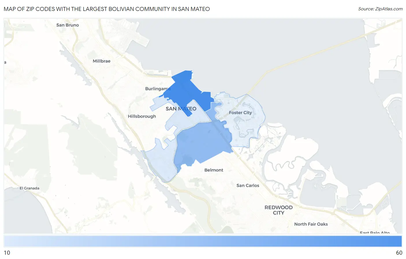 Zip Codes with the Largest Bolivian Community in San Mateo Map