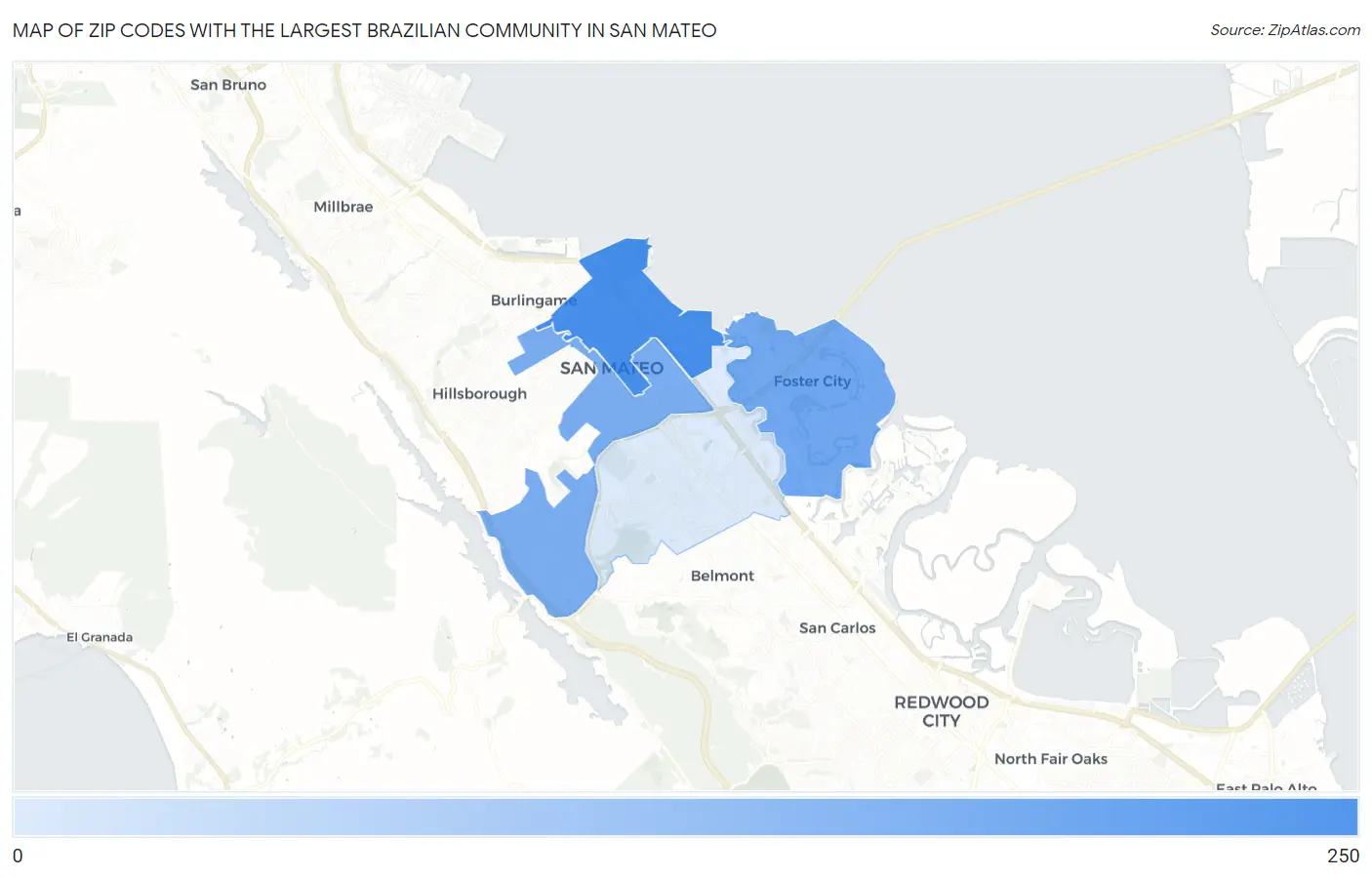 Zip Codes with the Largest Brazilian Community in San Mateo Map