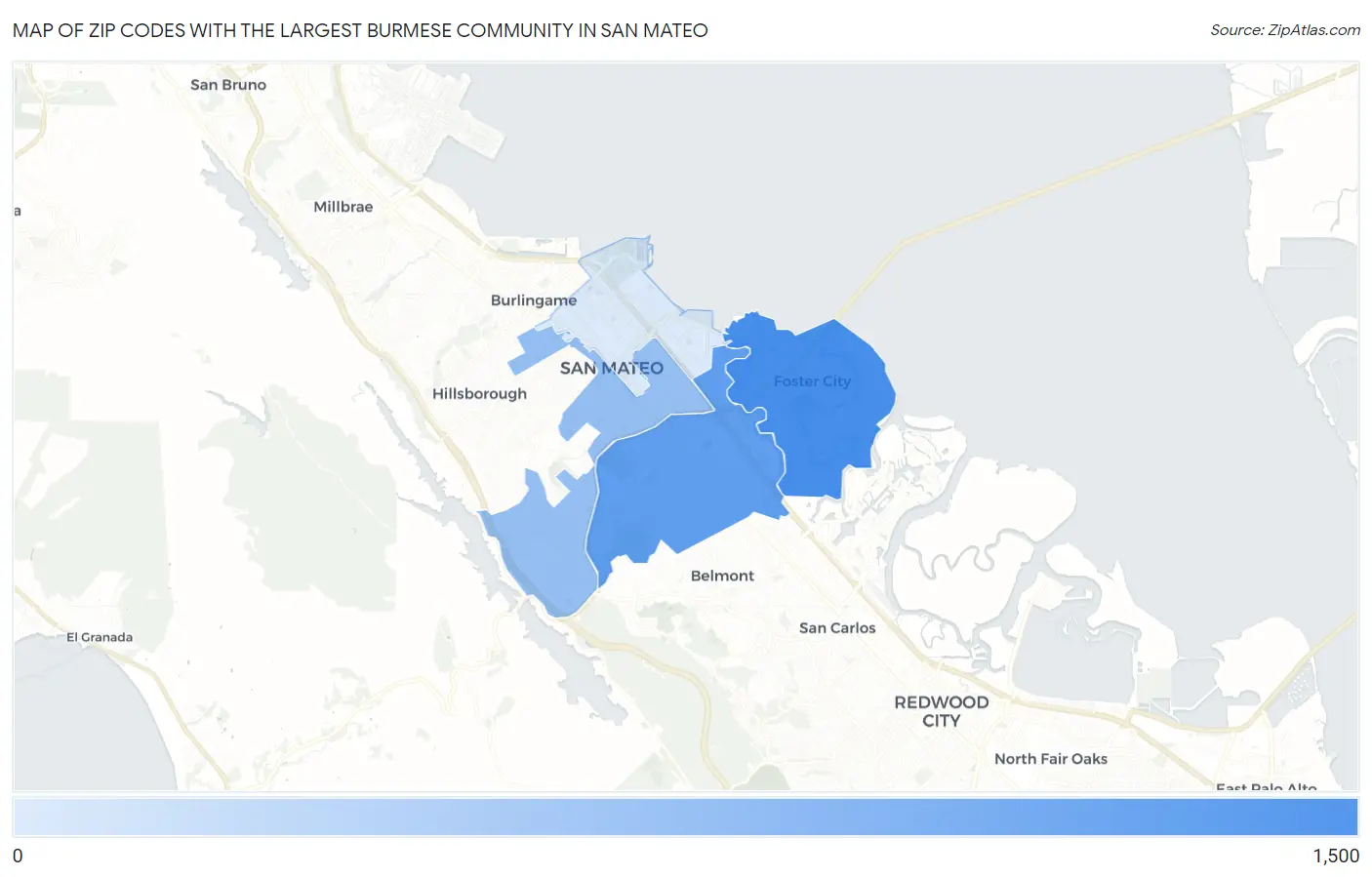 Zip Codes with the Largest Burmese Community in San Mateo Map