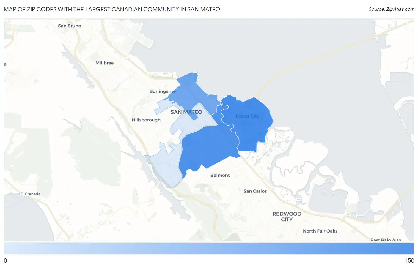Zip Codes with the Largest Canadian Community in San Mateo Map