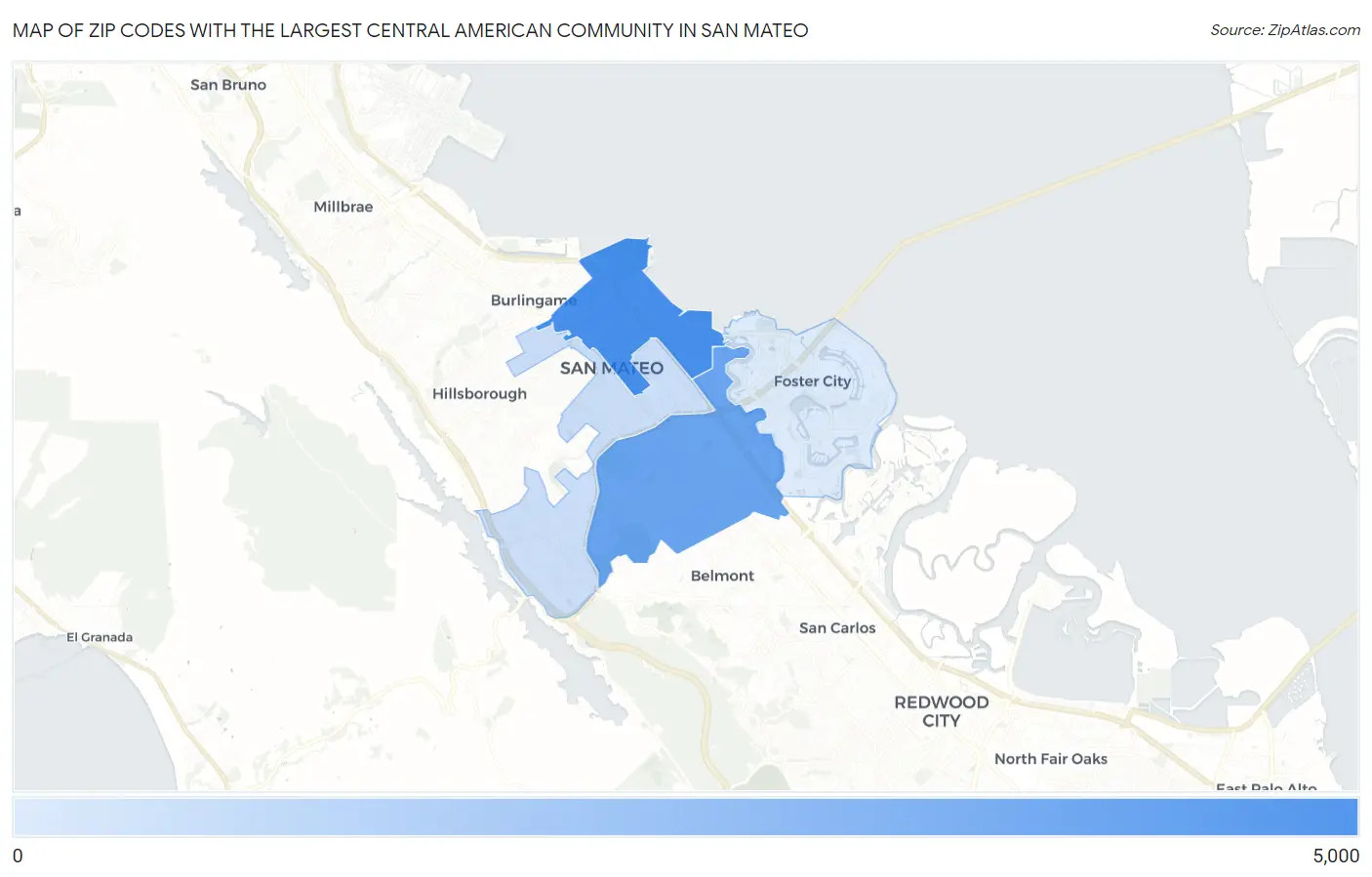 Zip Codes with the Largest Central American Community in San Mateo Map