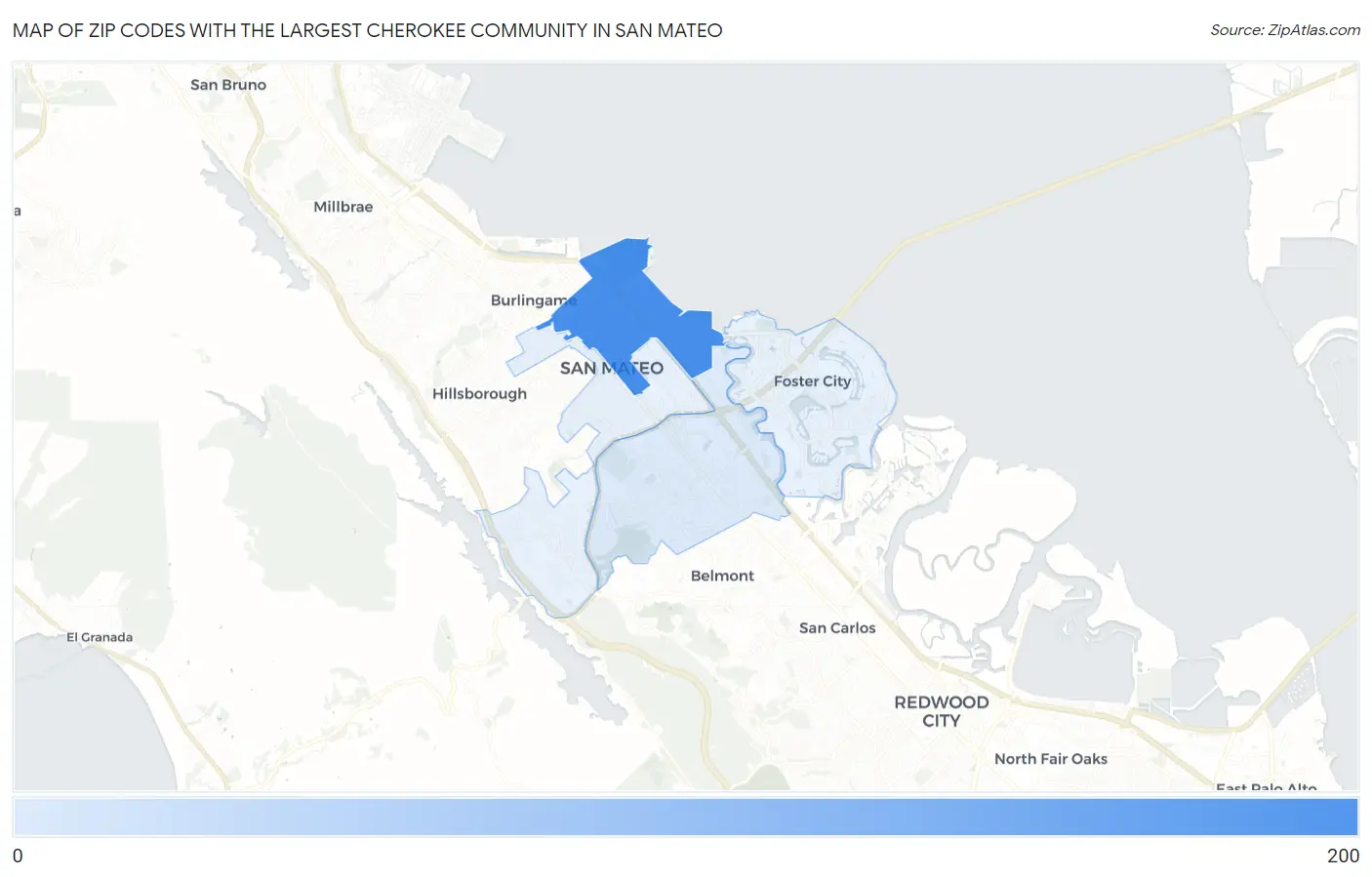 Zip Codes with the Largest Cherokee Community in San Mateo Map