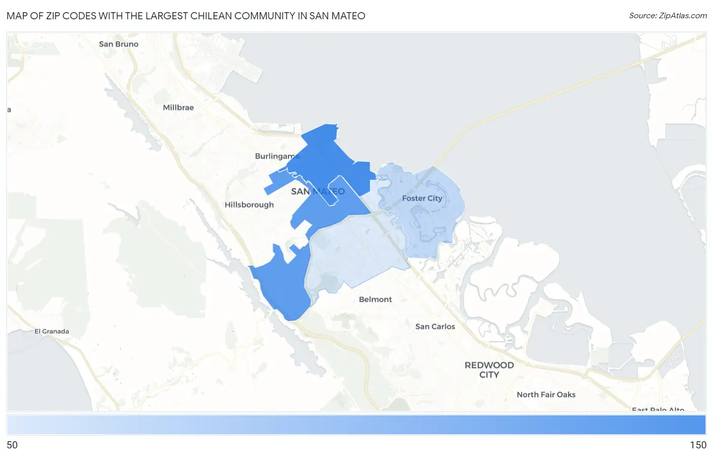 Zip Codes with the Largest Chilean Community in San Mateo Map