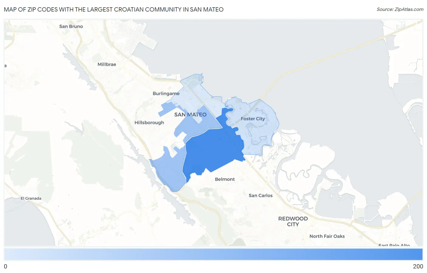 Zip Codes with the Largest Croatian Community in San Mateo Map