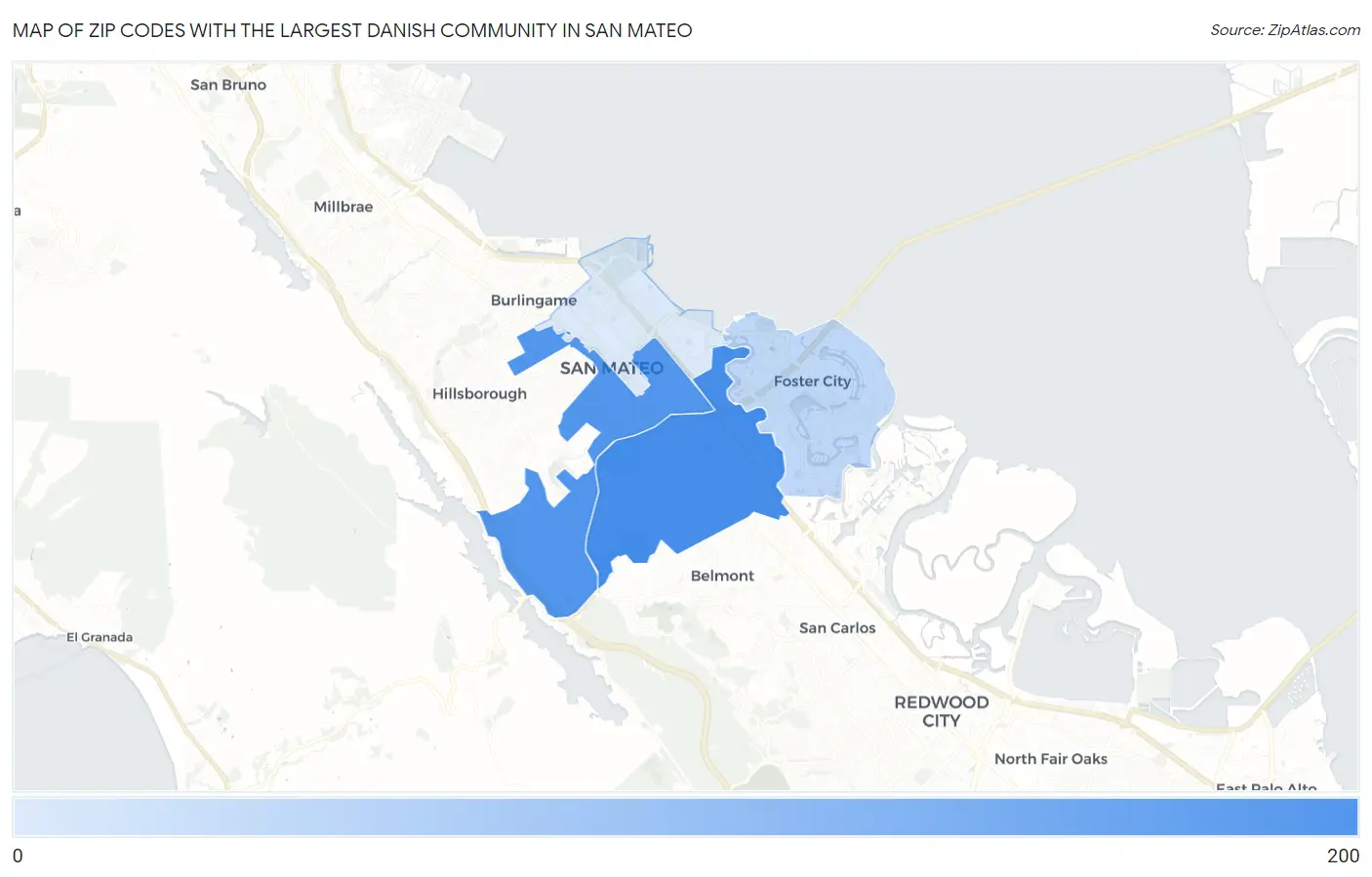 Zip Codes with the Largest Danish Community in San Mateo Map