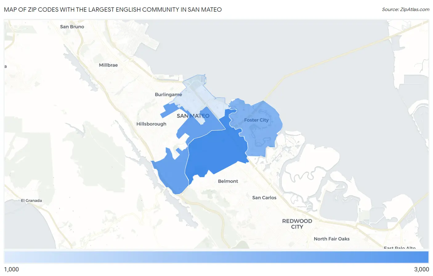 Zip Codes with the Largest English Community in San Mateo Map