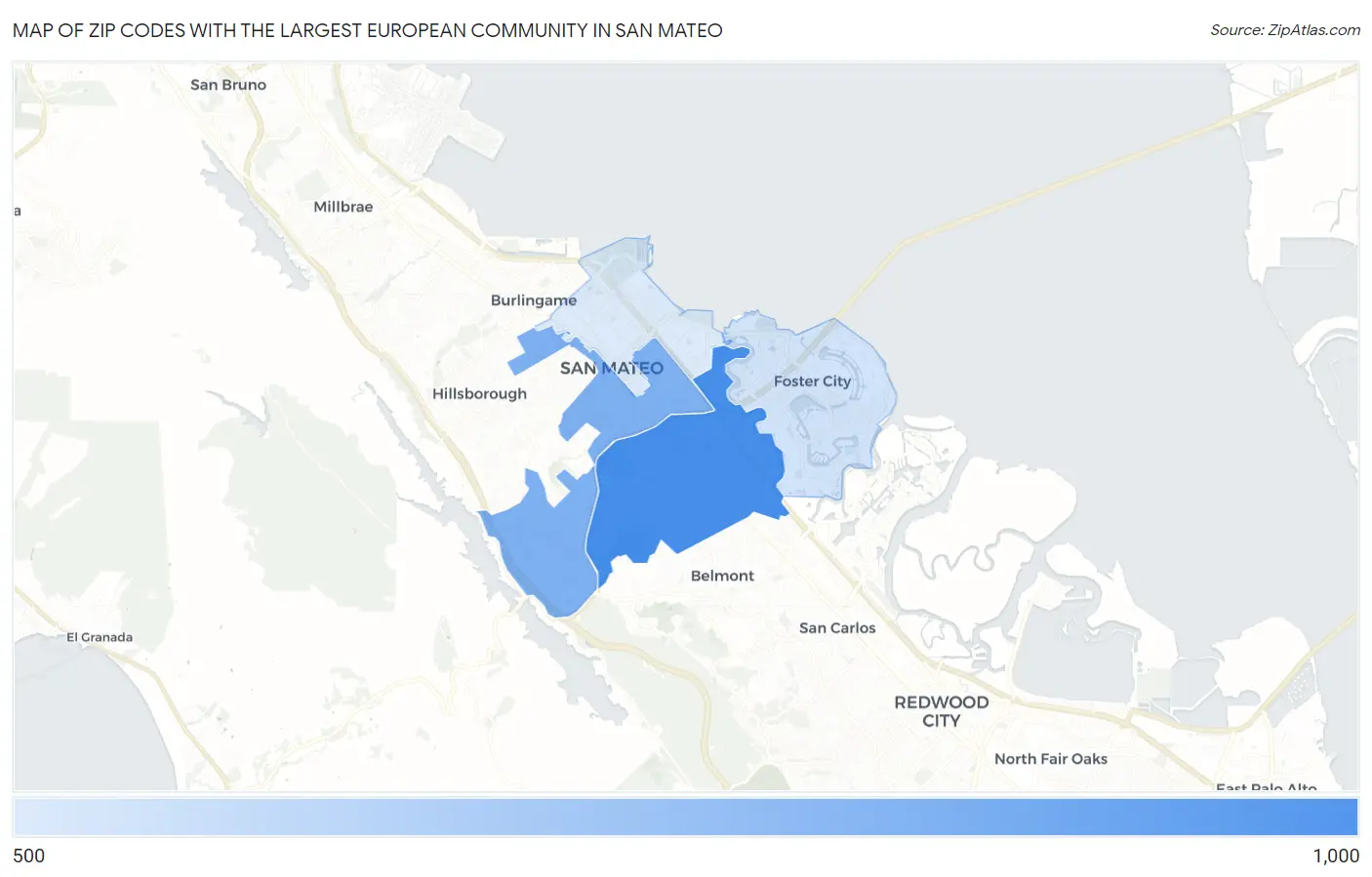 Zip Codes with the Largest European Community in San Mateo Map