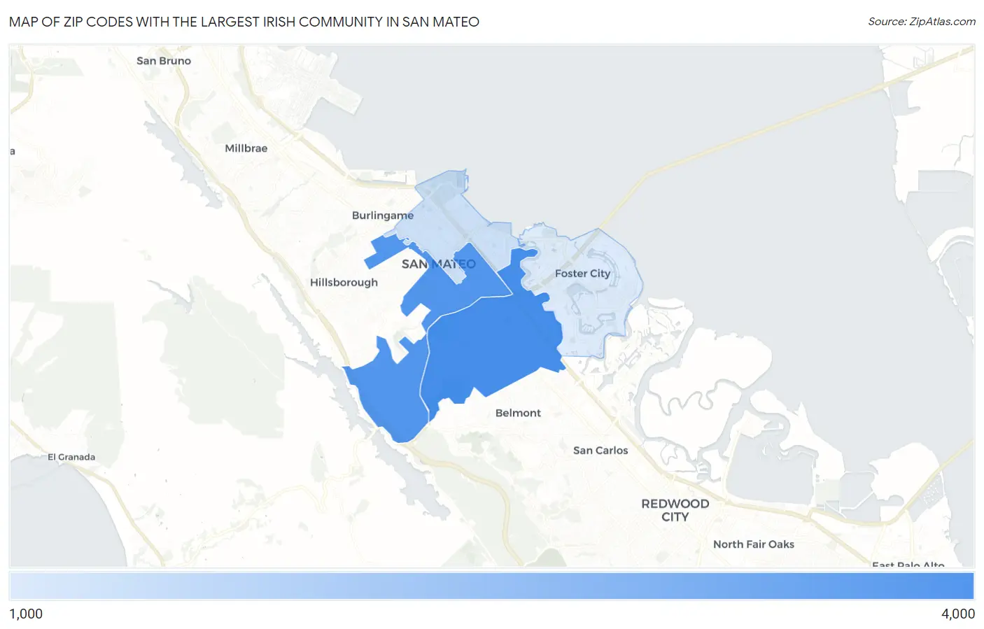 Zip Codes with the Largest Irish Community in San Mateo Map