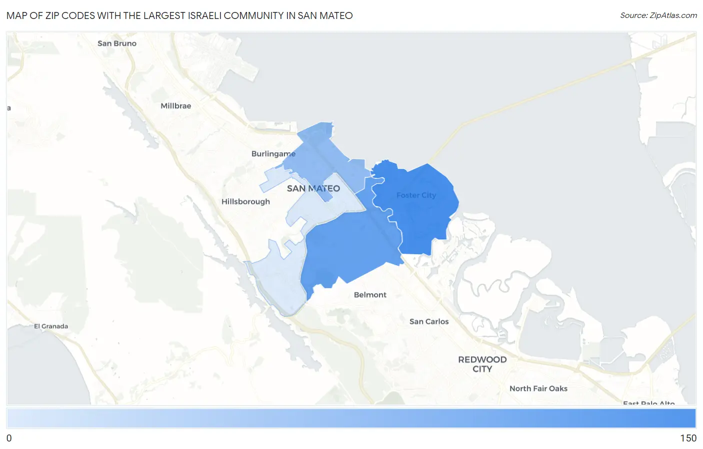 Zip Codes with the Largest Israeli Community in San Mateo Map