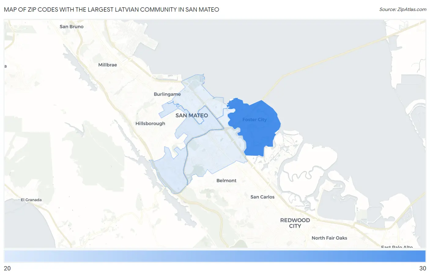 Zip Codes with the Largest Latvian Community in San Mateo Map