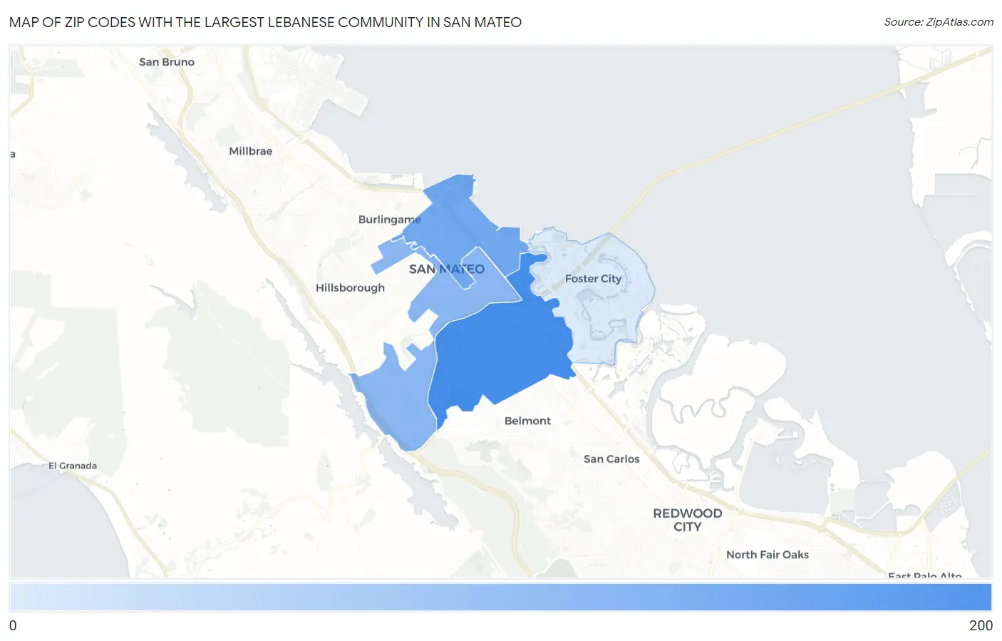 Zip Codes with the Largest Lebanese Community in San Mateo Map